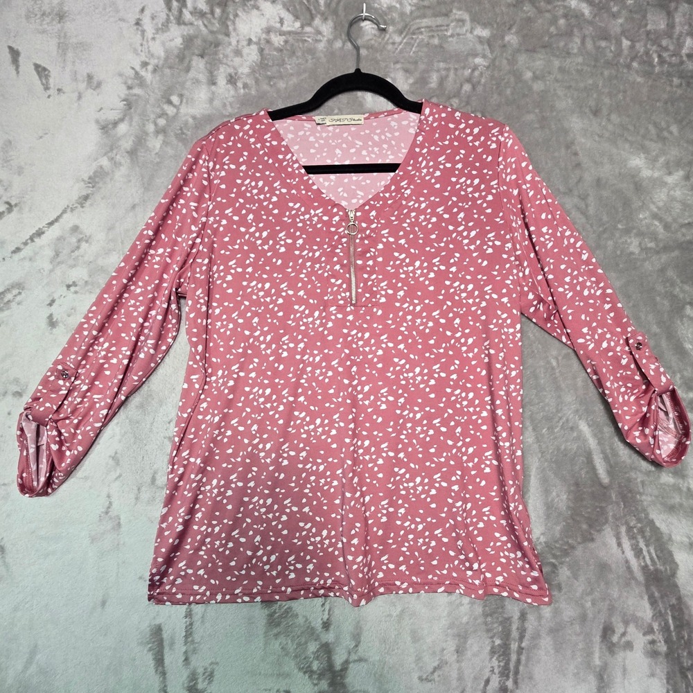 FLT Studio Womens Pink Abstract Print Quarter Zip Roll Tab Sleeve Blouse Medium